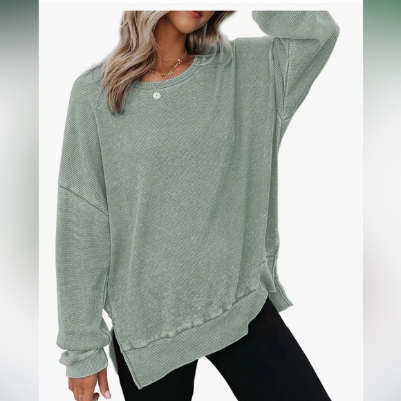 Dokotoo Sweaters - Womens Oversized Waffle Knit Crewneck Sweatshirts Side Slits Casual Pullover Top